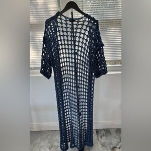 Navy Open-Knit Long Cardigan Sweater